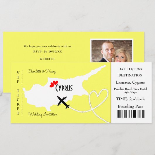 Ticket Boarding Pass Wedding Destination Cyprus Kaart (Voorkant / Achterkant)