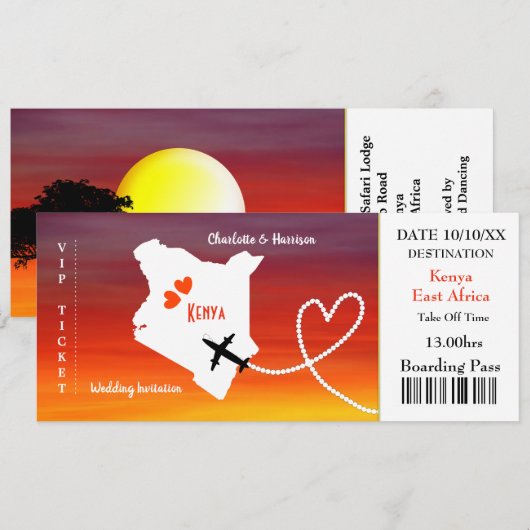 Ticket Boarding Pass Wedding Destination Kenya Kaart (Voorkant / Achterkant)