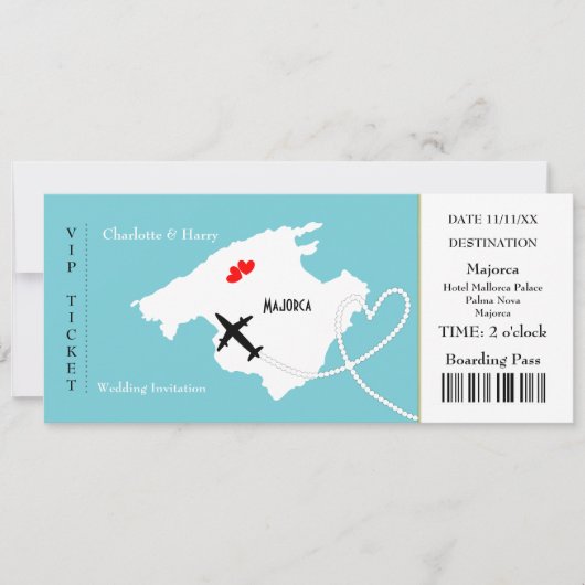 Ticket boarding Pass Wedding Destination Majorca Kaart (Voorkant)
