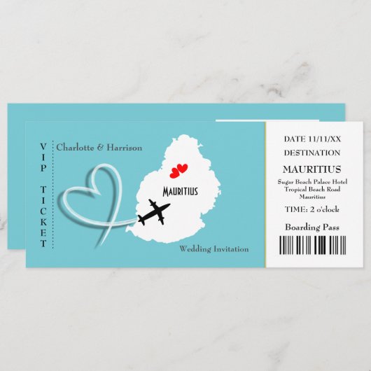 Ticket boarding Pass Wedding Destination Mauritius Kaart (Voorkant / Achterkant)