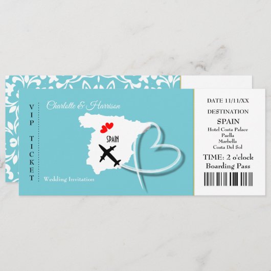 Ticket Boarding Pass Wedding Destination Spain Kaart (Voorkant / Achterkant)