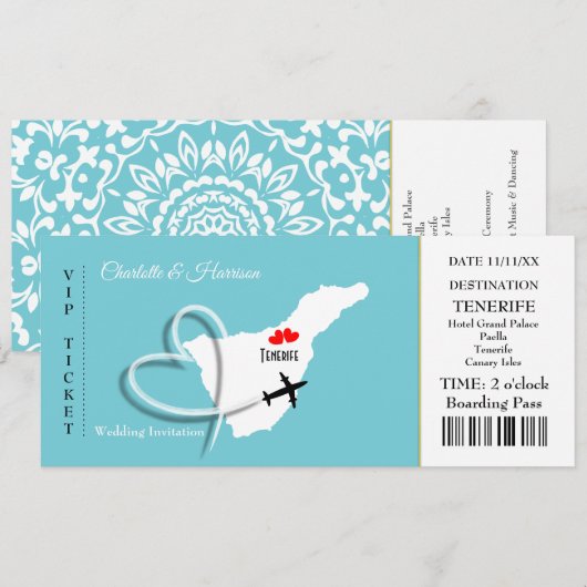 Ticket Boarding Pass Wedding Destination Tenerife Kaart (Voorkant / Achterkant)