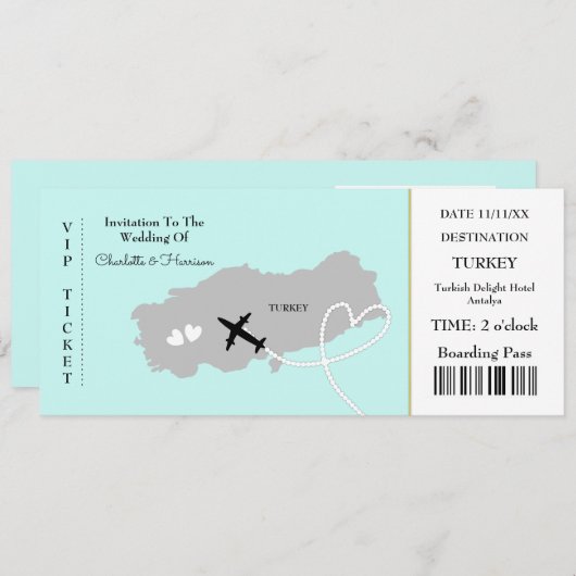 Ticket Boarding Pass Wedding Destination Turkey Kaart (Voorkant / Achterkant)