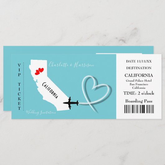 Ticket BoardingPass Wedding Destination California Kaart (Voorkant / Achterkant)