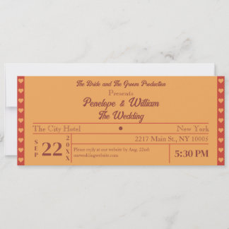 Ticket Eenvoudige Retro Stijl Oranje Bruiloft Kaart
