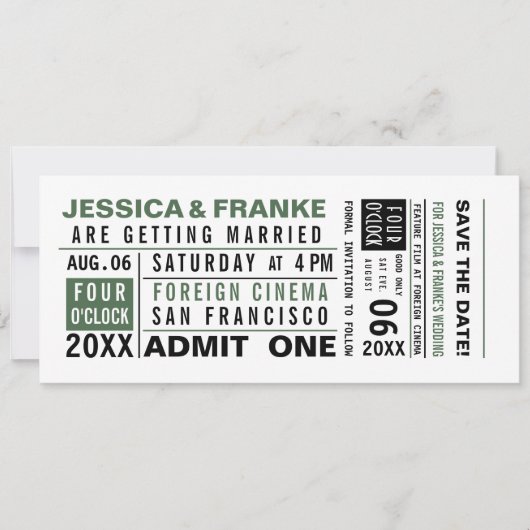 Ticket Green sparen de Uitnodiging van de Datum (Voorkant)