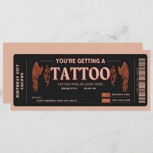 Ticket met voucher voor persoonlijk Tattoo Kaart (Voorkant / Achterkant)