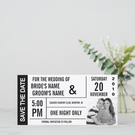Ticket ontwerp Bewaar de datum fotokaart Save The Date (Staand voorkant)
