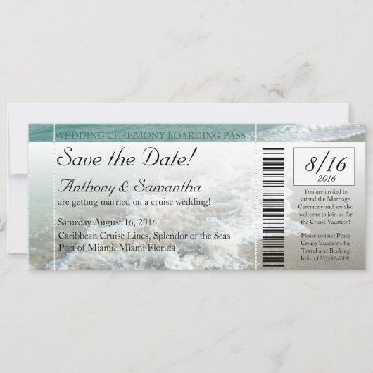 Ticket opslaan datum, strand bestemming bruiloft c save the date (Voorkant)
