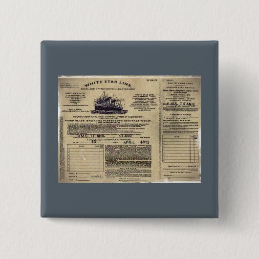 Ticket RMS Titanic 1912 Vierkante Button 5,1 Cm (Voorkant)