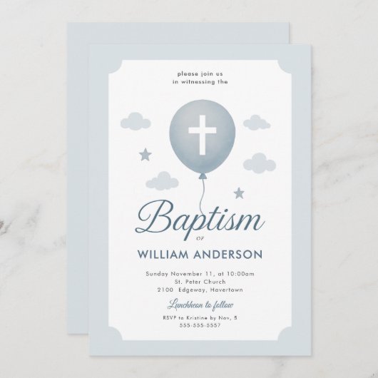 Ticket stijl doop uitnodiging in blauw (Voorkant / Achterkant)