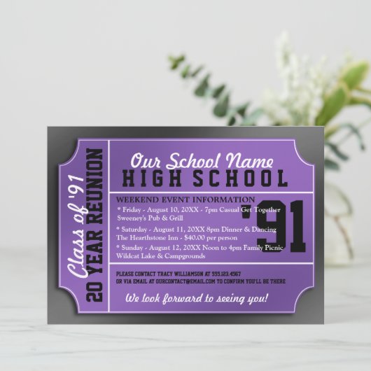 Ticket Style Black/Paars Class Reunion Kaart (Staand voorkant)