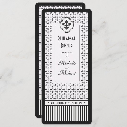 Ticket Style Fleur de Lis Rehearsal Dinner Kaart (Voorkant / Achterkant)