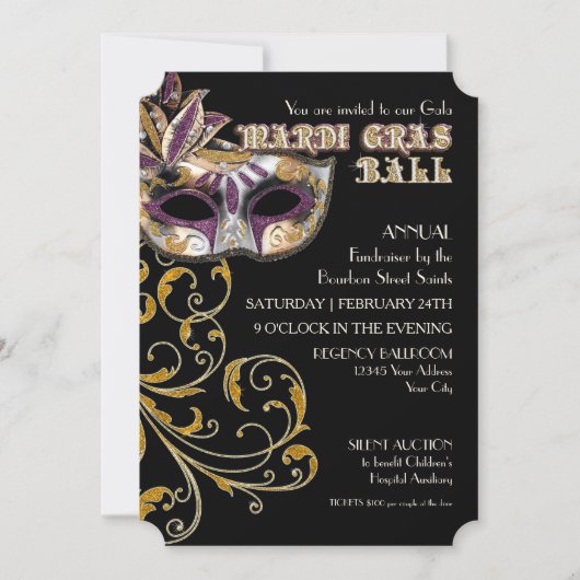 Ticket Style Mardi Gras Ball Gala Party Fundraiser Kaart (Voorkant)