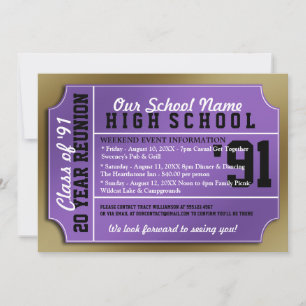 Ticket Style Paars/Gold Class Reunion Kaart