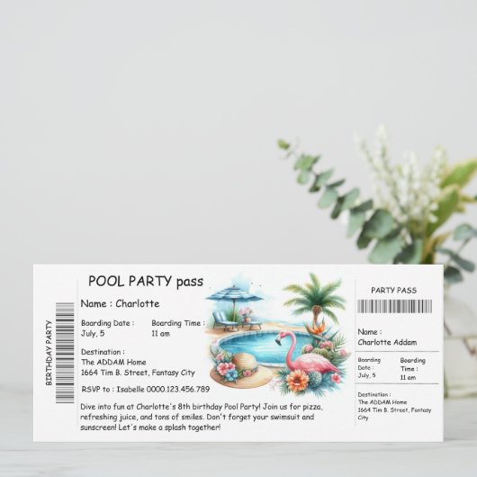 Ticket-Style Pool Party Invitation – Birthday Bash (Debout devant)