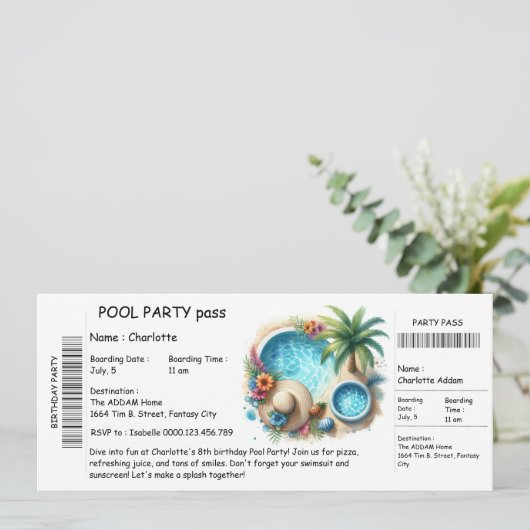 Ticket-Style Pool Party Invitation – Birthday Bash (Debout devant)