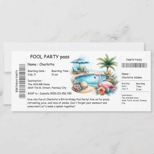 Ticket-Style Pool Party Invitation – Birthday Bash Kaart (Voorkant)