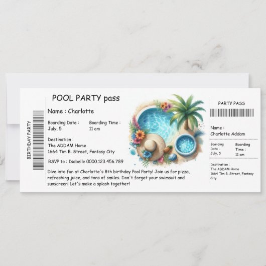 Ticket-Style Pool Party Invitation – Birthday Bash Kaart (Voorkant)
