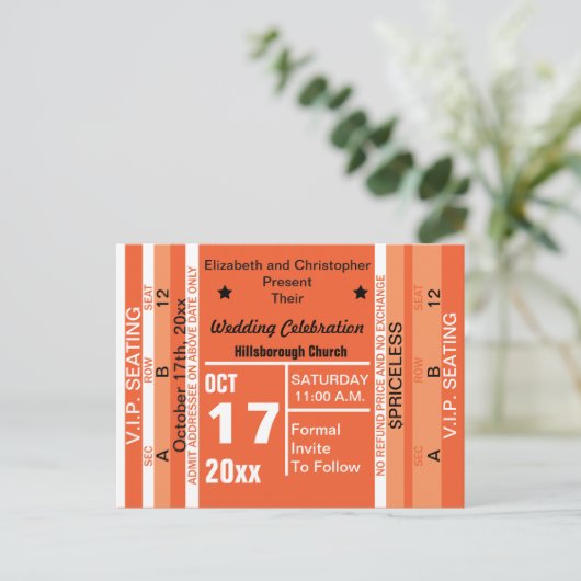 Ticket to Fun Wedding Save the Date Oranje Aankondigingskaart (Staand voorkant)