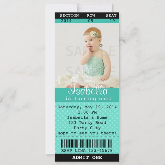 Ticket Uitnodiging (Turquoise) Foto -Bioscoop/Thea (Voorkant)