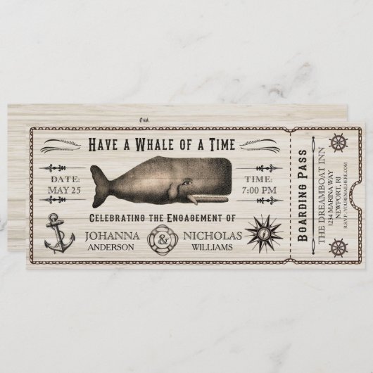 Ticket-uitnodiging voor Nautical Whale Engagement Kaart (Voorkant / Achterkant)