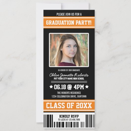 Ticket van de Graduation Party van het Sinaasappel Kaart (Voorkant)