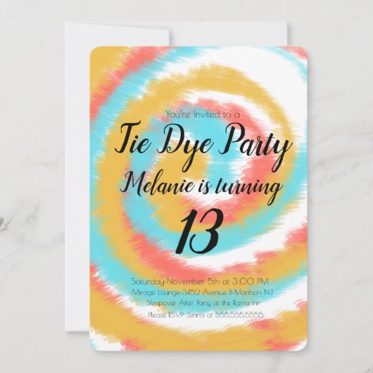Tie Dye Anniversaire Fête Colorée Invitation (Devant)