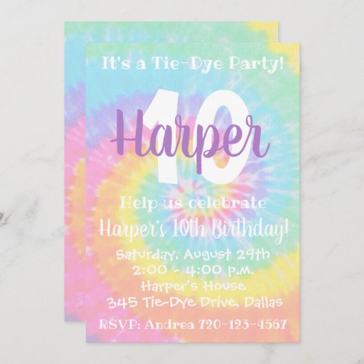 Tie Dye Birthday Uitnodiging (Voorkant / Achterkant)