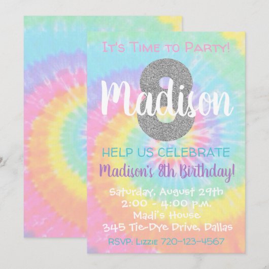 Tie Dye Birthday Uitnodiging 8e verjaardag (Voorkant / Achterkant)