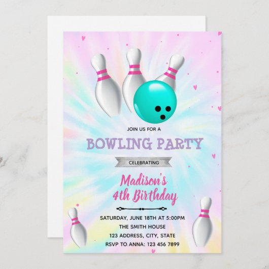 Tie dye bowling invitation (Devant / Derrière)