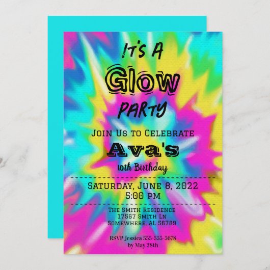 Tie Dye Glow Birthday Party Kaart (Voorkant / Achterkant)