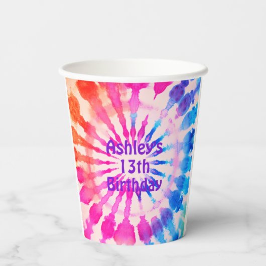 Tie Dye Groovy Hippie Bold Kleurrijke Verjaardag Papieren Bekers (Achterkant)