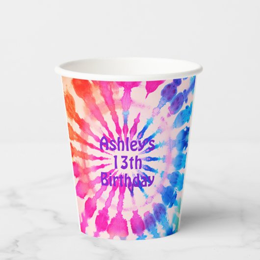 Tie Dye Groovy Hippie Bold Kleurrijke Verjaardag Papieren Bekers (Voorkant)