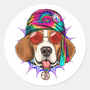 Tie Dye Hippie Beagle Hippiness Peace Love Dog Ronde Sticker