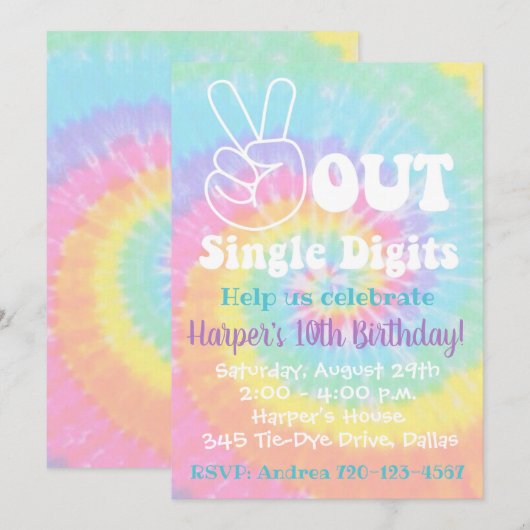Tie Dye Invitation 10e anniversaire Paix dehors (Devant / Derrière)