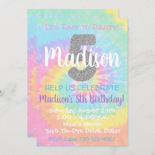 Tie Dye Invitation Anniversaire 5e Anniversaire (Devant / Derrière)