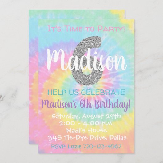 Tie Dye Invitation Anniversaire 6e Anniversaire (Devant / Derrière)