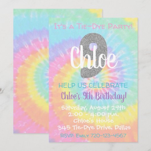 Tie Dye Invitation anniversaire 9e anniversaire (Devant / Derrière)