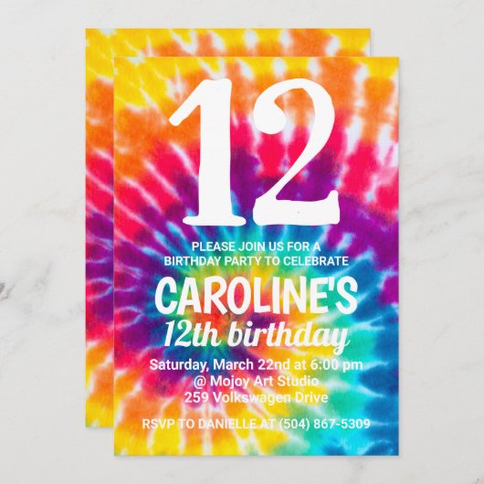 Tie Dye Invitation d'anniversaire (Devant / Derrière)