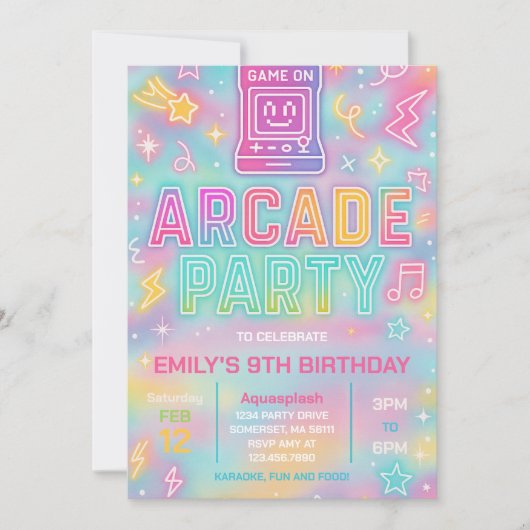 Tie Dye Neon Glow Arcade Party Verjaardag Uitnodig Kaart (Voorkant)