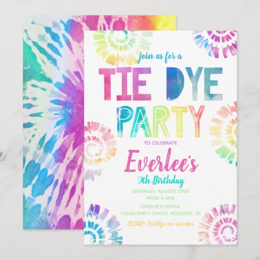 Tie Dye Party Invitation | Tie Dye Birthday Kaart (Voorkant / Achterkant)