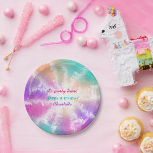 Tie Dye Pastel Roze Sinaasappel Blauwgroen Paarse Papieren Bordje