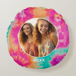 Tie Dye Rand met Foto en Jaar - Pink Aqua Rond Kussen
