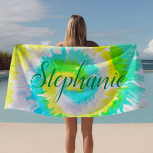 Tie Dye Swirl Geel Blauw Groen Gepersonaliseerd Strandlaken