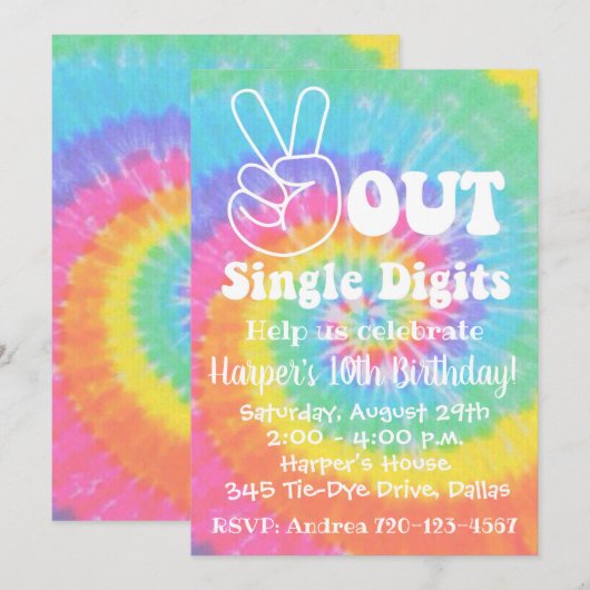 Tie Dye Uitnodiging 10e verjaardag Vrede uit (Voorkant / Achterkant)