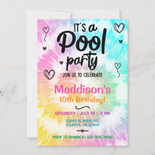 TieDye poolparty Girl Birthday nodig. Kaart