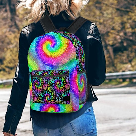 Tiedye Psychedelische Retro Hippie Bloemen Monogra Bedrukte Rugzak