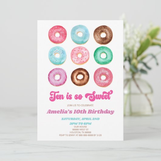 Tien is zo lief donut 10e verjaardagsfeestje kaart (Staand voorkant)