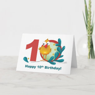 Tiende 10 Verjaardag met Grappige Vogel en Tak Kaart
